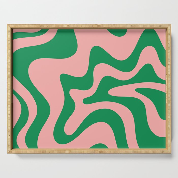Retro Liquid Swirl Abstract Pattern Square in Bright Green and Blush Pink Serving Tray Gallery Image 1
