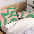 Retro Liquid Swirl Abstract Pattern Square in Bright Green and Blush Pink Pillow Sham Gallery Image 2