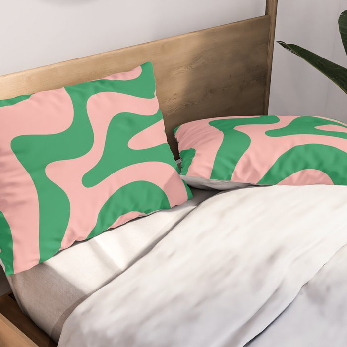 Retro Liquid Swirl Abstract Pattern Square in Bright Green and Blush Pink Pillow Sham Gallery Image 2