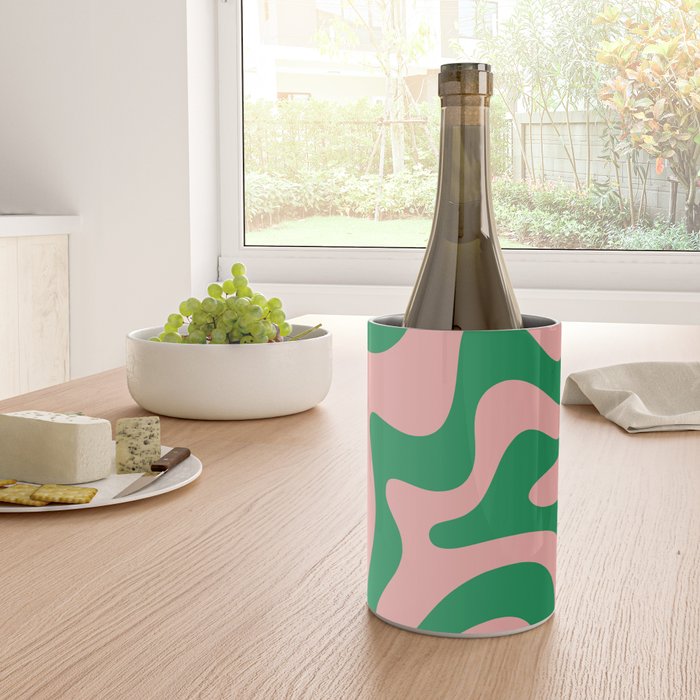 Retro Liquid Swirl Abstract Pattern Square in Bright Green and Blush Pink Wine Chiller Gallery Image 4