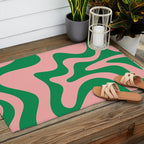Retro Liquid Swirl Abstract Pattern Square in Bright Green and Blush Pink Outdoor Rug Gallery Image 2