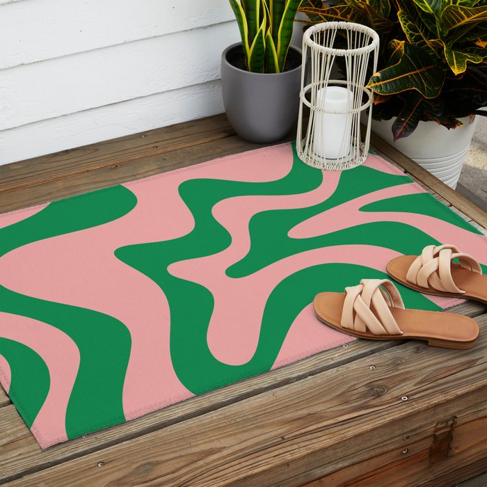 Retro Liquid Swirl Abstract Pattern Square in Bright Green and Blush Pink Outdoor Rug Gallery Image 2