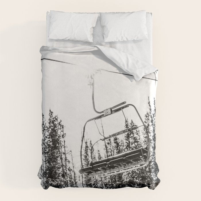 Empty Skilift // Black and White Snowboarding Dreaming of Winter Duvet Cover Gallery Image 1