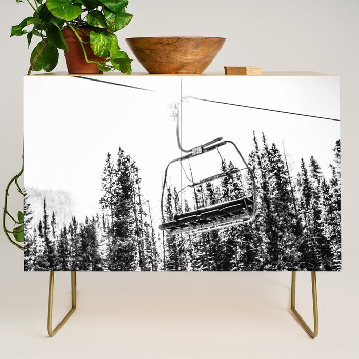 Empty Skilift // Black and White Snowboarding Dreaming of Winter Credenza Gallery Image 1