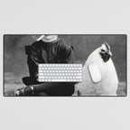Smoking Boy with Chicken black and white photograph - photography - photographs Desk Mat Gallery Image 1