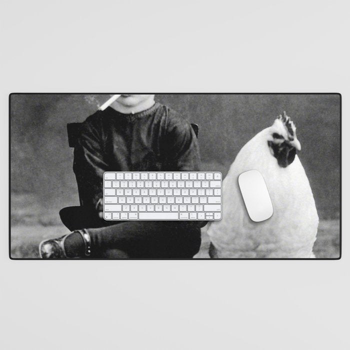 Smoking Boy with Chicken black and white photograph - photography - photographs Desk Mat Gallery Image 1