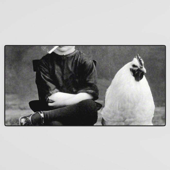 Smoking Boy with Chicken black and white photograph - photography - photographs Desk Mat Gallery Image 3