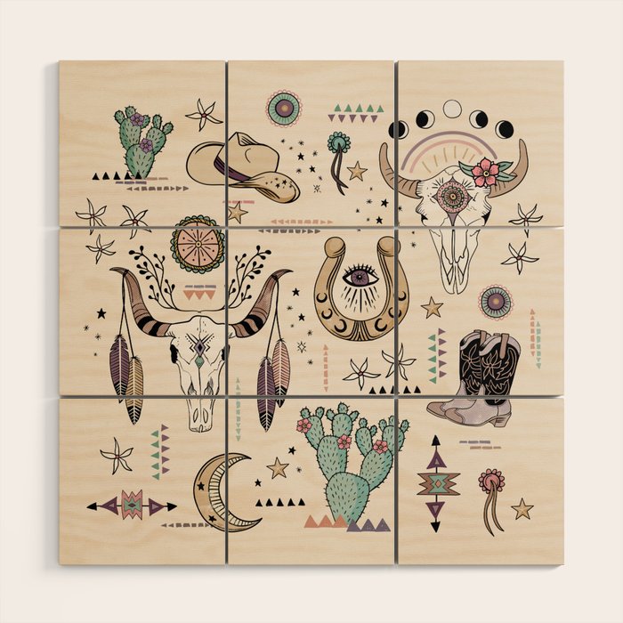 Boho Tribal Cowgirl Ephemera - cream Wood Wall Art Gallery Image 1