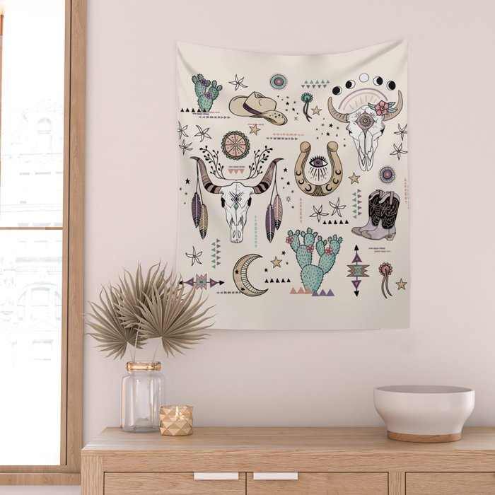 Boho Tribal Cowgirl Ephemera - cream Wall Tapestry Gallery Image 2