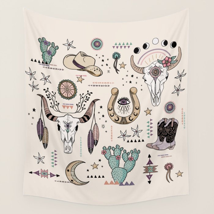 Boho Tribal Cowgirl Ephemera - cream Wall Tapestry Gallery Image 1