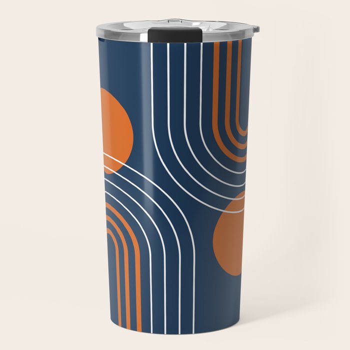 Mid Century Modern Geometric 111 in Navy Blue and Vintage Orange (Rainbow and Sun Abstraction) Travel Mug