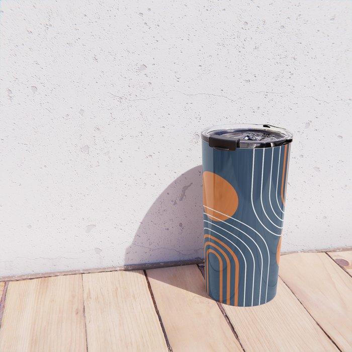 Mid Century Modern Geometric 111 in Navy Blue and Vintage Orange (Rainbow and Sun Abstraction) Travel Mug Gallery Image 4