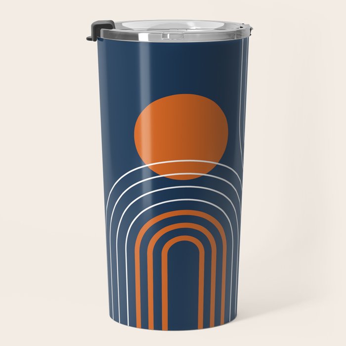 Mid Century Modern Geometric 111 in Navy Blue and Vintage Orange (Rainbow and Sun Abstraction) Travel Mug Gallery Image 3