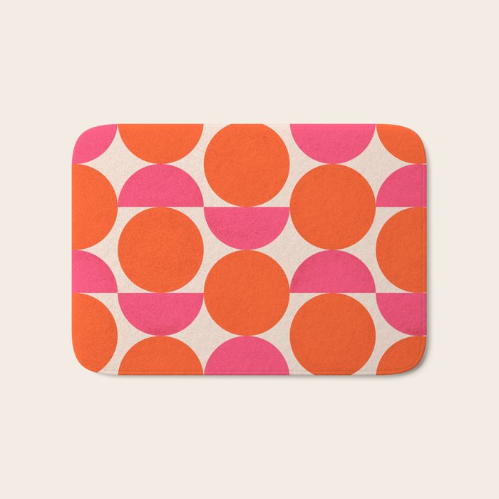 Vintage Mid-century Modern Abstract Geometric Balancing Shapes in Bright Bold Vibrant Fuchsia Pink and Hot Tangerine Orange Bath Mat Gallery Image 1