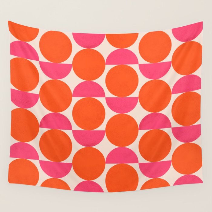 Vintage Mid-century Modern Abstract Geometric Balancing Shapes in Bright Bold Vibrant Fuchsia Pink and Hot Tangerine Orange Wall Tapestry Gallery Image 1