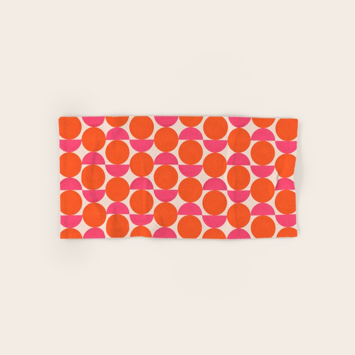 Vintage Mid-century Modern Abstract Geometric Balancing Shapes in Bright Bold Vibrant Fuchsia Pink and Hot Tangerine Orange Bath Towel Gallery Image 1