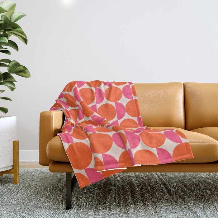 Vintage Mid-century Modern Abstract Geometric Balancing Shapes in Bright Bold Vibrant Fuchsia Pink and Hot Tangerine Orange Throw Blanket Gallery Image 1