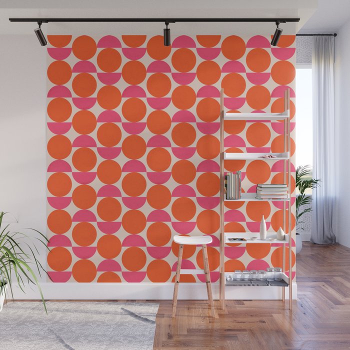 Vintage Mid-century Modern Abstract Geometric Balancing Shapes in Bright Bold Vibrant Fuchsia Pink and Hot Tangerine Orange Wall Mural Gallery Image 1