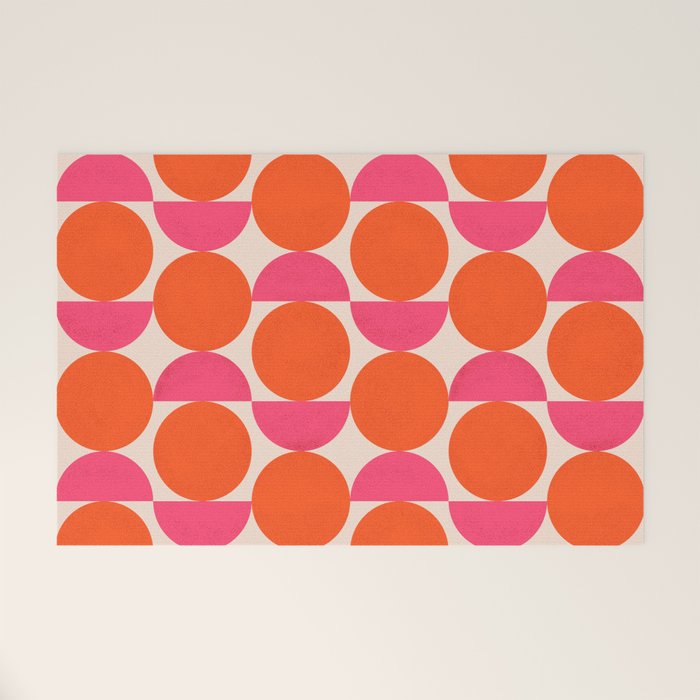 Vintage Mid-century Modern Abstract Geometric Balancing Shapes in Bright Bold Vibrant Fuchsia Pink and Hot Tangerine Orange Welcome Mat Gallery Image 1