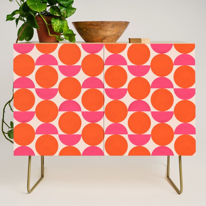 Vintage Mid-century Modern Abstract Geometric Balancing Shapes in Bright Bold Vibrant Fuchsia Pink and Hot Tangerine Orange Credenza Gallery Image 1