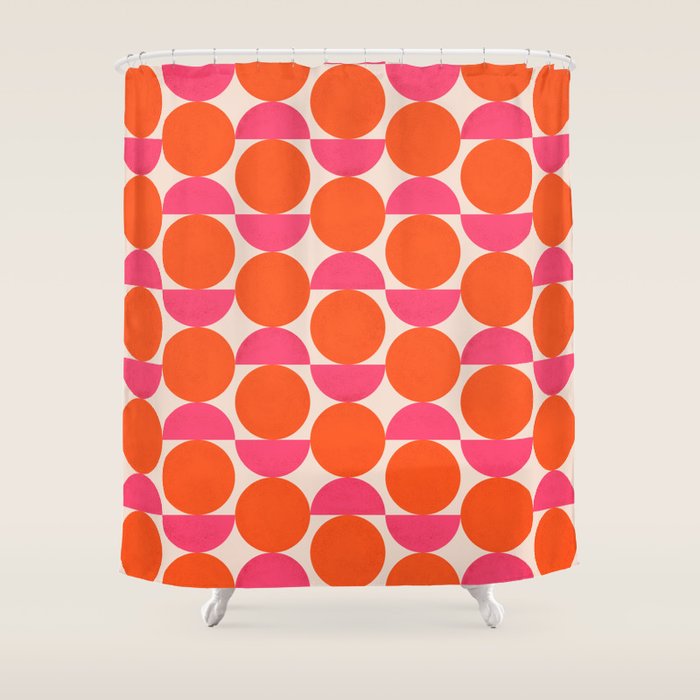 Vintage Mid-century Modern Abstract Geometric Balancing Shapes in Bright Bold Vibrant Fuchsia Pink and Hot Tangerine Orange Shower Curtain Gallery Image 1
