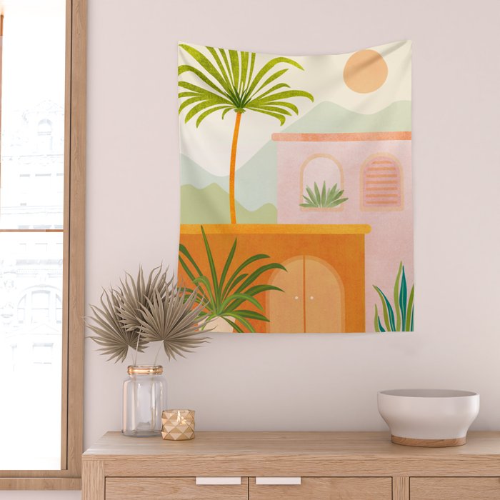 Tropical Mountain Village Landscape Wall Tapestry Gallery Image 2