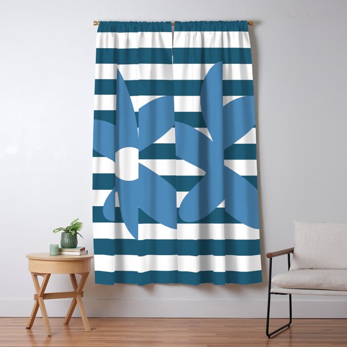 Joyful Flower and Stripes Blue and White Pop Floral Window Curtain Gallery Image 1