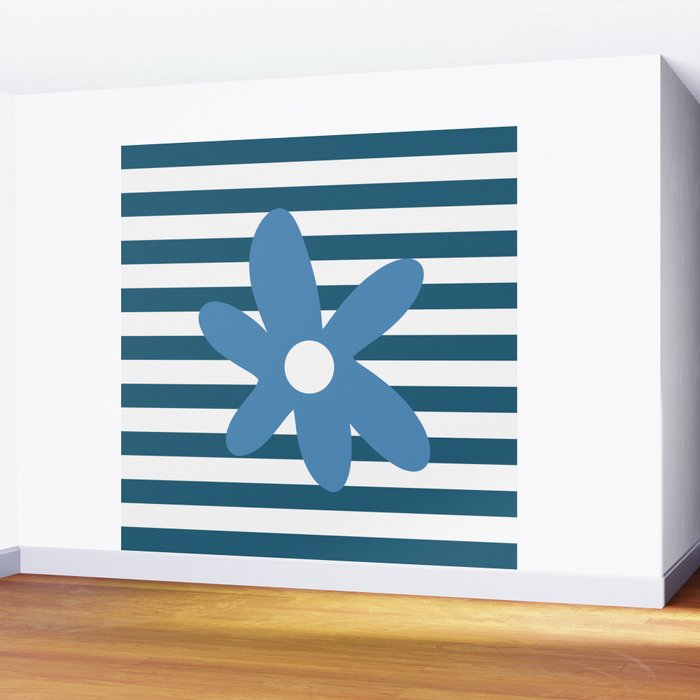 Joyful Flower and Stripes Blue and White Pop Floral Wall Mural Gallery Image 2