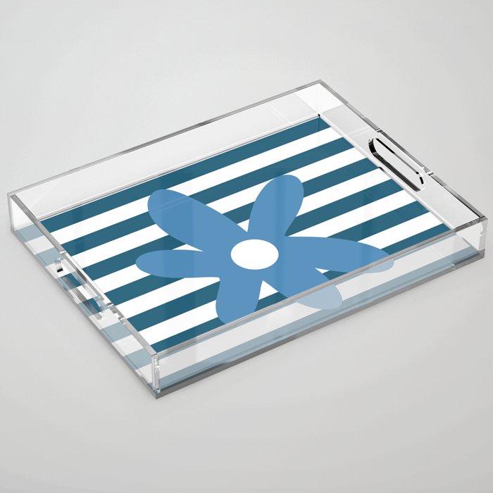 Joyful Flower and Stripes Blue and White Pop Floral Acrylic Tray Gallery Image 1