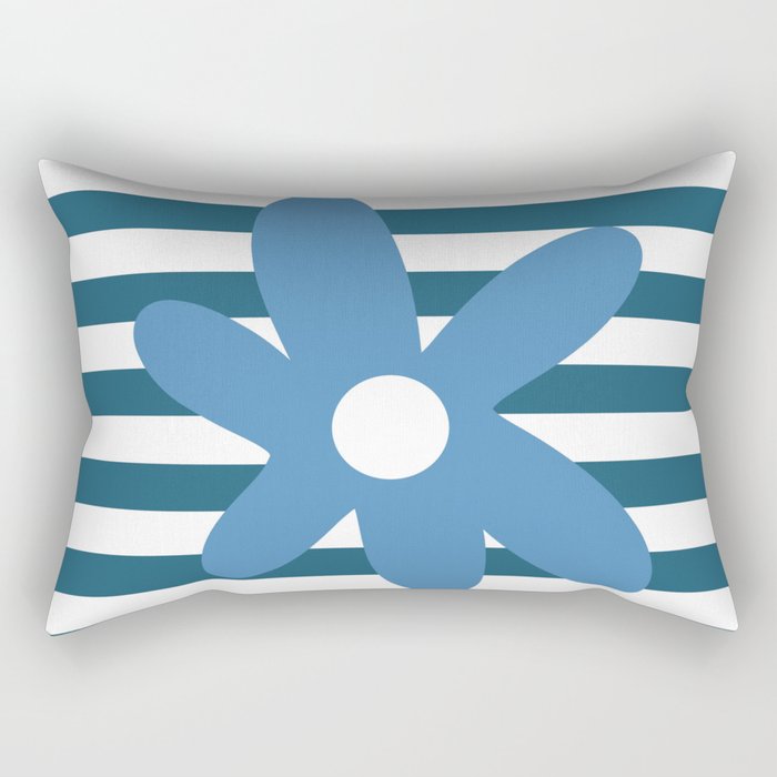 Joyful Flower and Stripes Blue and White Pop Floral Rectangular Pillow Gallery Image 2