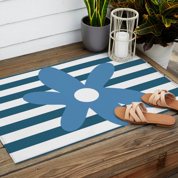 Joyful Flower and Stripes Blue and White Pop Floral Outdoor Rug Gallery Image 2