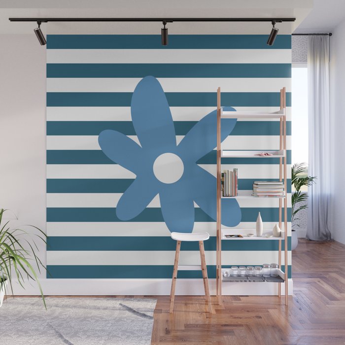Joyful Flower and Stripes Blue and White Pop Floral Wall Mural Gallery Image 1