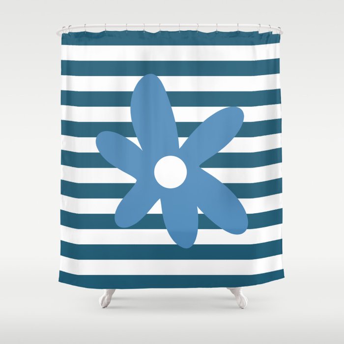 Joyful Flower and Stripes Blue and White Pop Floral Shower Curtain Gallery Image 1