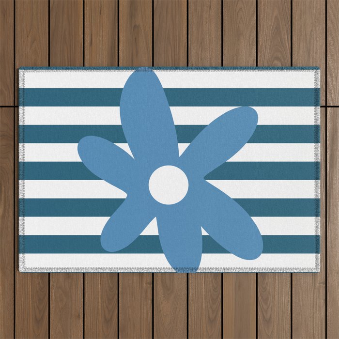 Joyful Flower and Stripes Blue and White Pop Floral Outdoor Rug Gallery Image 1