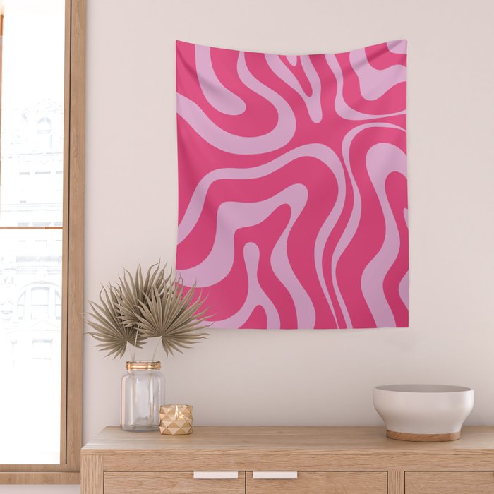 Modern Retro Liquid Swirl Abstract Pattern Vertical in Double Hot Pink  Wall Tapestry Gallery Image 2