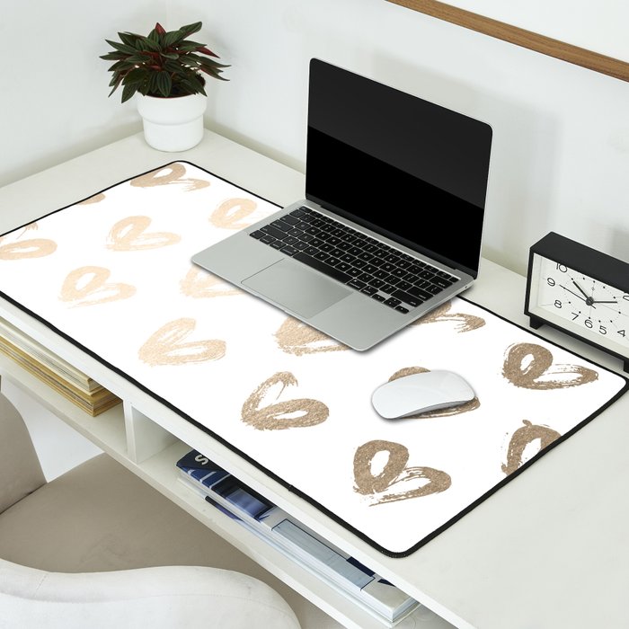 Luxe Gold Hearts on White Desk Mat Gallery Image 2