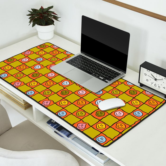 Green Happy Face Checkered Print Desk Mat Gallery Image 2