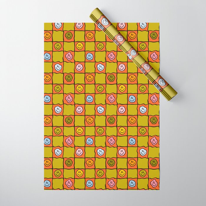 Green Happy Face Checkered Print Wrapping Paper Gallery Image 1