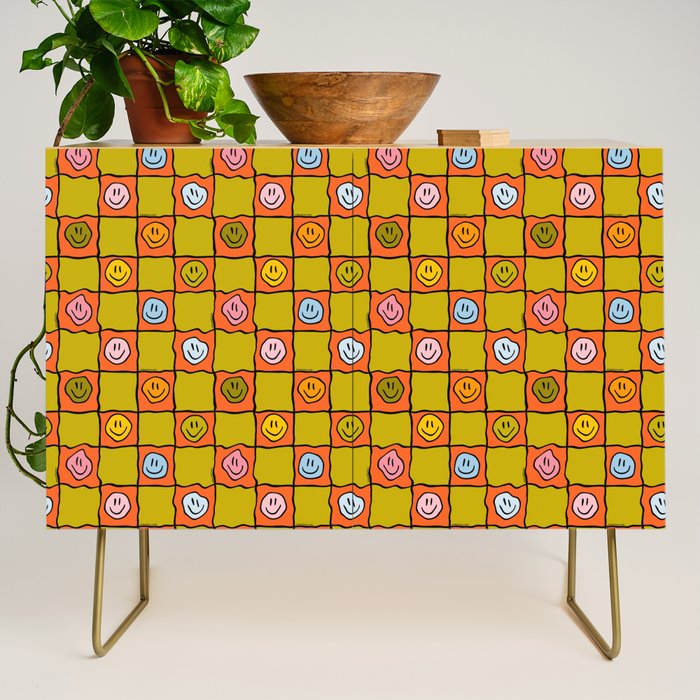 Green Happy Face Checkered Print Credenza Gallery Image 1
