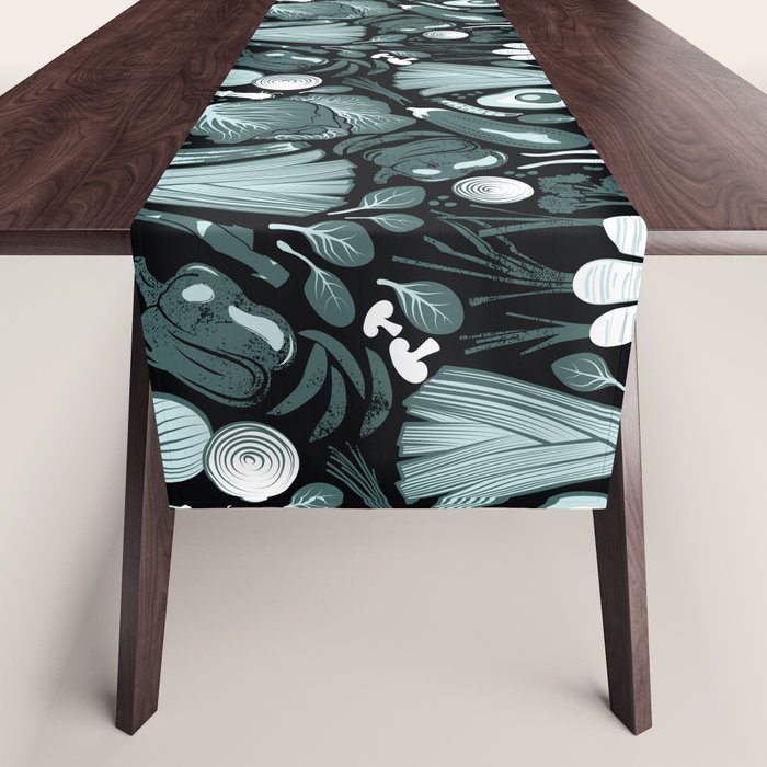 Go veggie // black background pine and mint vegetables Table Runner