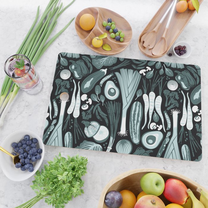 Go veggie // black background pine and mint vegetables Cutting Board Gallery Image 2