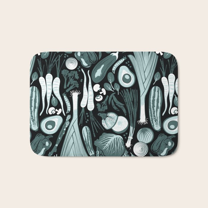 Go veggie // black background pine and mint vegetables Bath Mat Gallery Image 1
