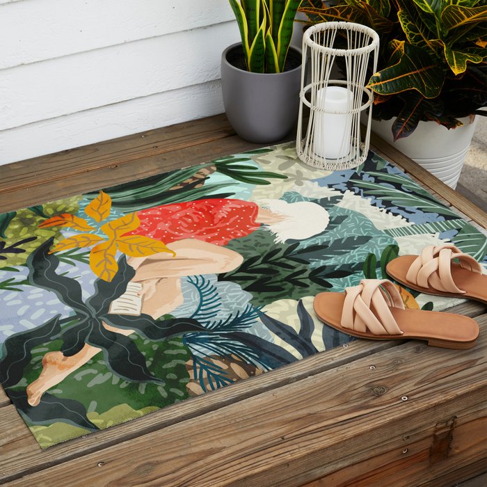 The Distracted Reader | Mindfulness Solo Travel | Bohemian Jungle Botanical Mood | Nature Book Lady Outdoor Rug Gallery Image 2