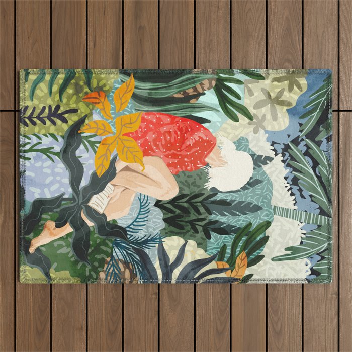 The Distracted Reader | Mindfulness Solo Travel | Bohemian Jungle Botanical Mood | Nature Book Lady Outdoor Rug Gallery Image 1
