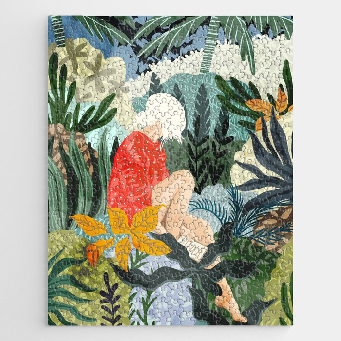 The Distracted Reader | Mindfulness Solo Travel | Bohemian Jungle Botanical Mood | Nature Book Lady Jigsaw Puzzle Gallery Image 1