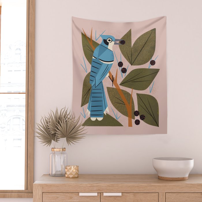 Blue Jay And Berries Wall Tapestry Gallery Image 2