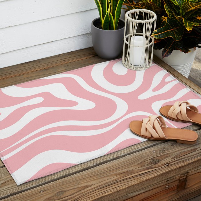 Modern Retro Liquid Swirl Abstract Pattern in Soft Pink Blush and White Outdoor Rug Gallery Image 2