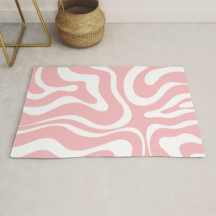 Modern Retro Liquid Swirl Abstract Pattern in Soft Pink Blush and White Rug Gallery Image 1