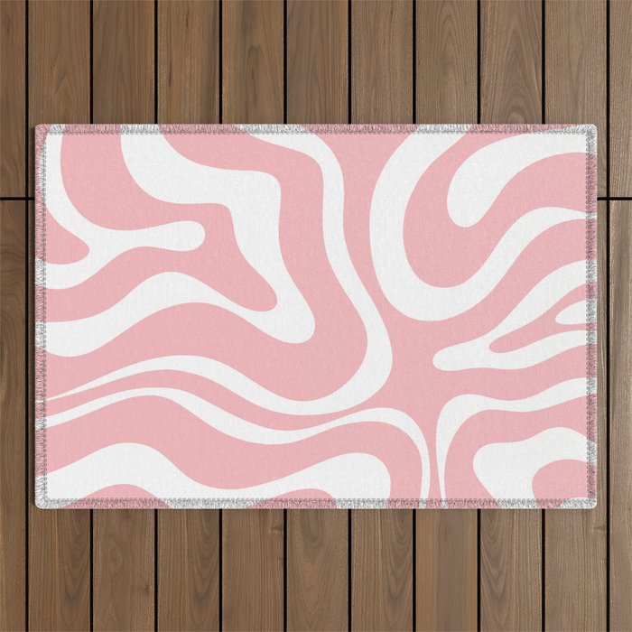 Modern Retro Liquid Swirl Abstract Pattern in Soft Pink Blush and White Outdoor Rug Gallery Image 1