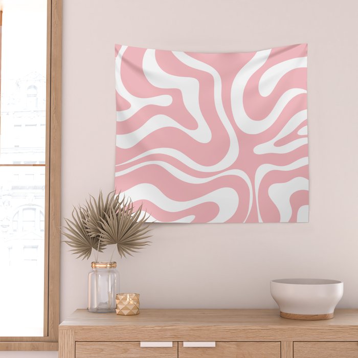 Modern Retro Liquid Swirl Abstract Pattern in Soft Pink Blush and White Wall Tapestry Gallery Image 2